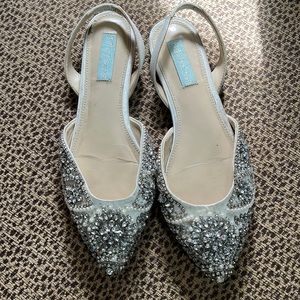 Betsey Johnson Silver Crystal-Embellished Pointed Slingback Flats